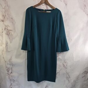 Eliza J Dress Women 4 Small Dark Forest Green Bell Sleeve Flounce Zip Ponte Knit